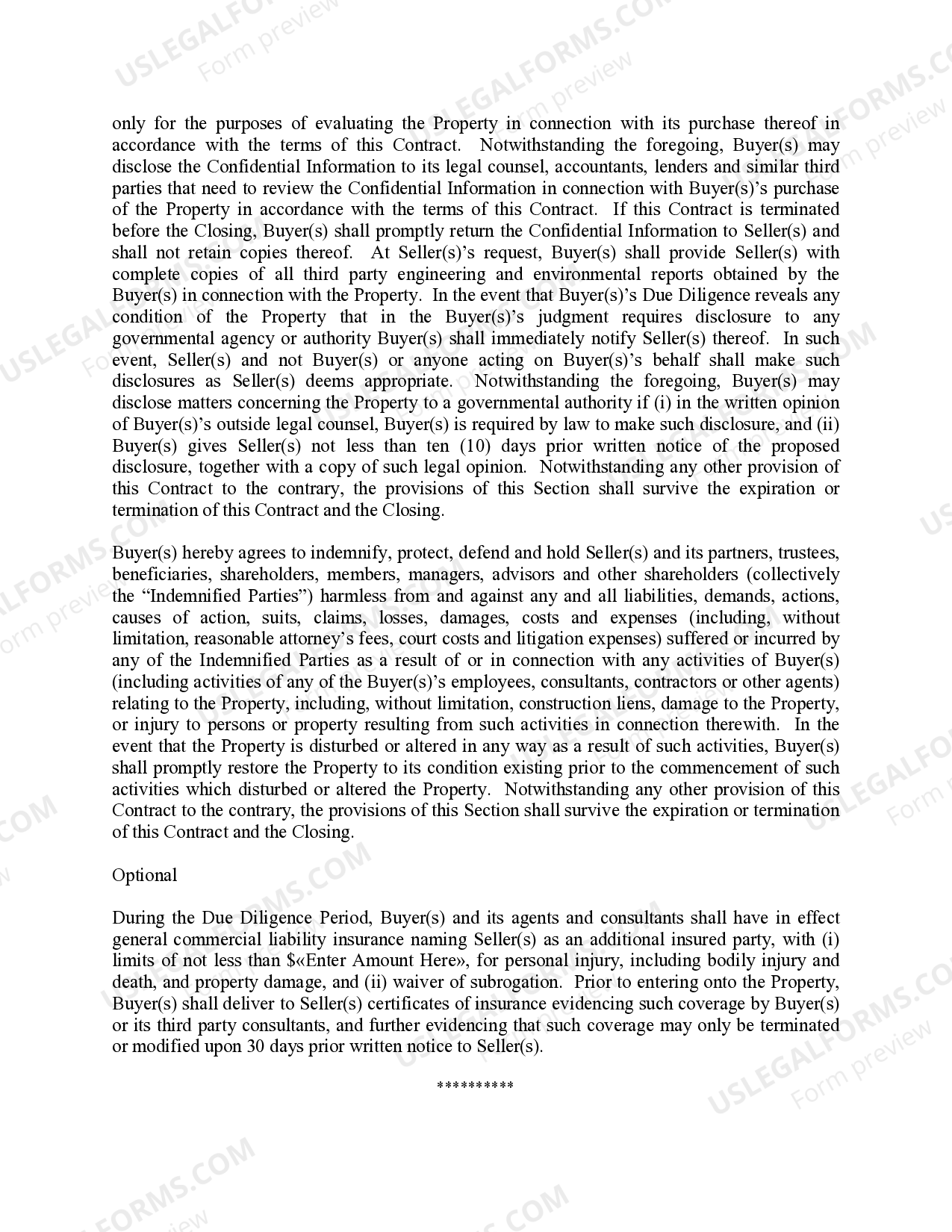 Due Diligence Clauses Contract for Real Property US Legal Forms