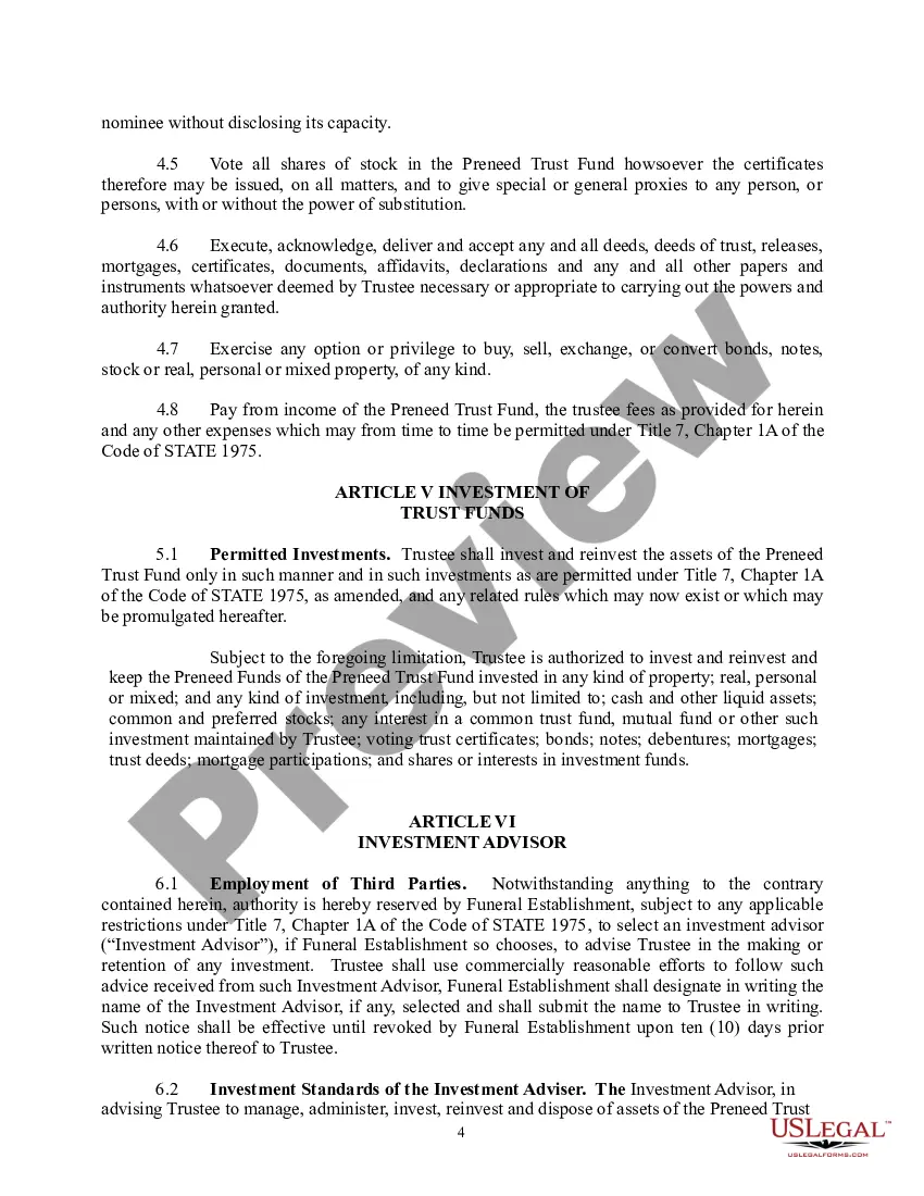 Get Preneed Funeral Merchandise and Services Trust Agreement Preview Preneed Funeral Merchandise and Services Trust Agreement