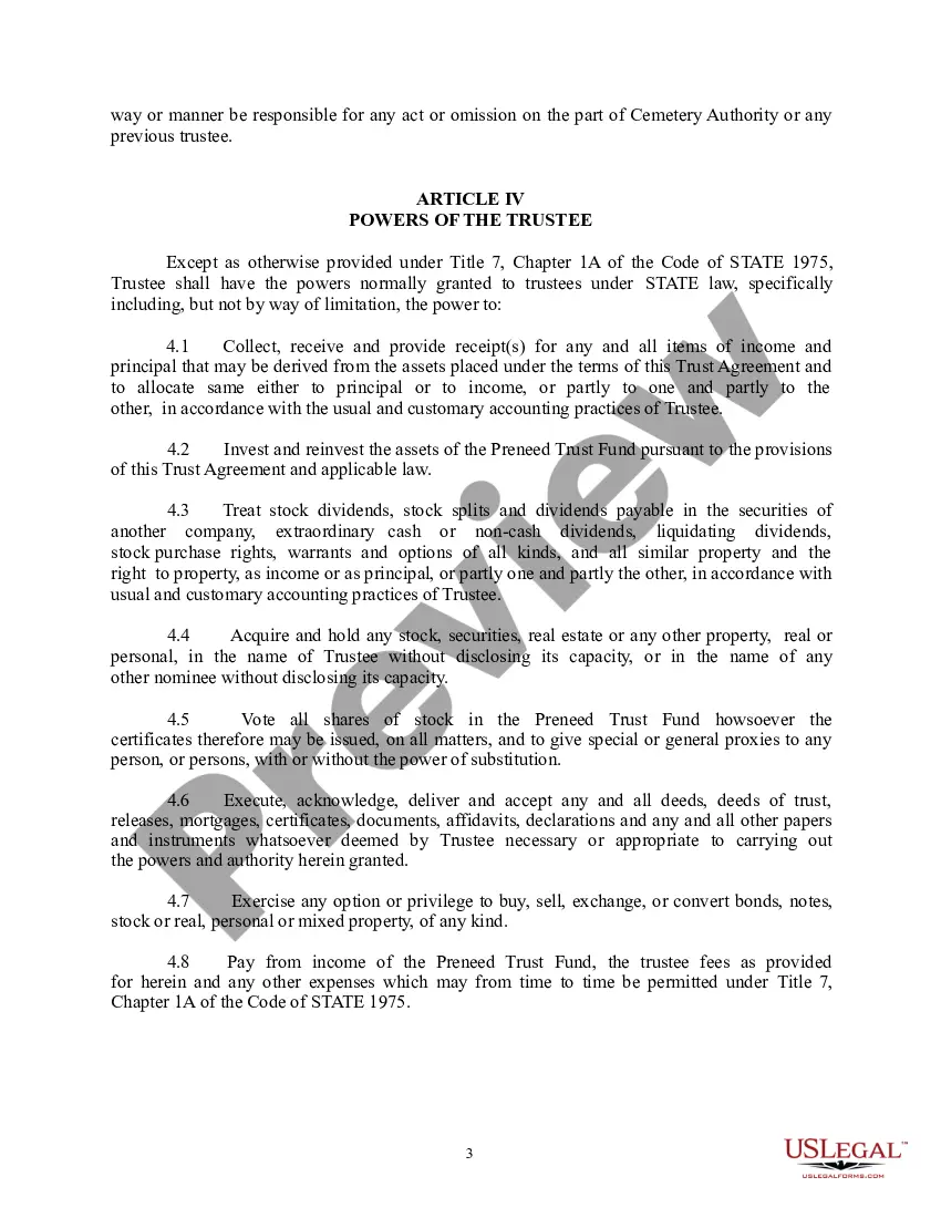 Get Preneed Cemetery Merchandise and Services Trust Agreement Preview Preneed Cemetery Merchandise and Services Trust Agreement