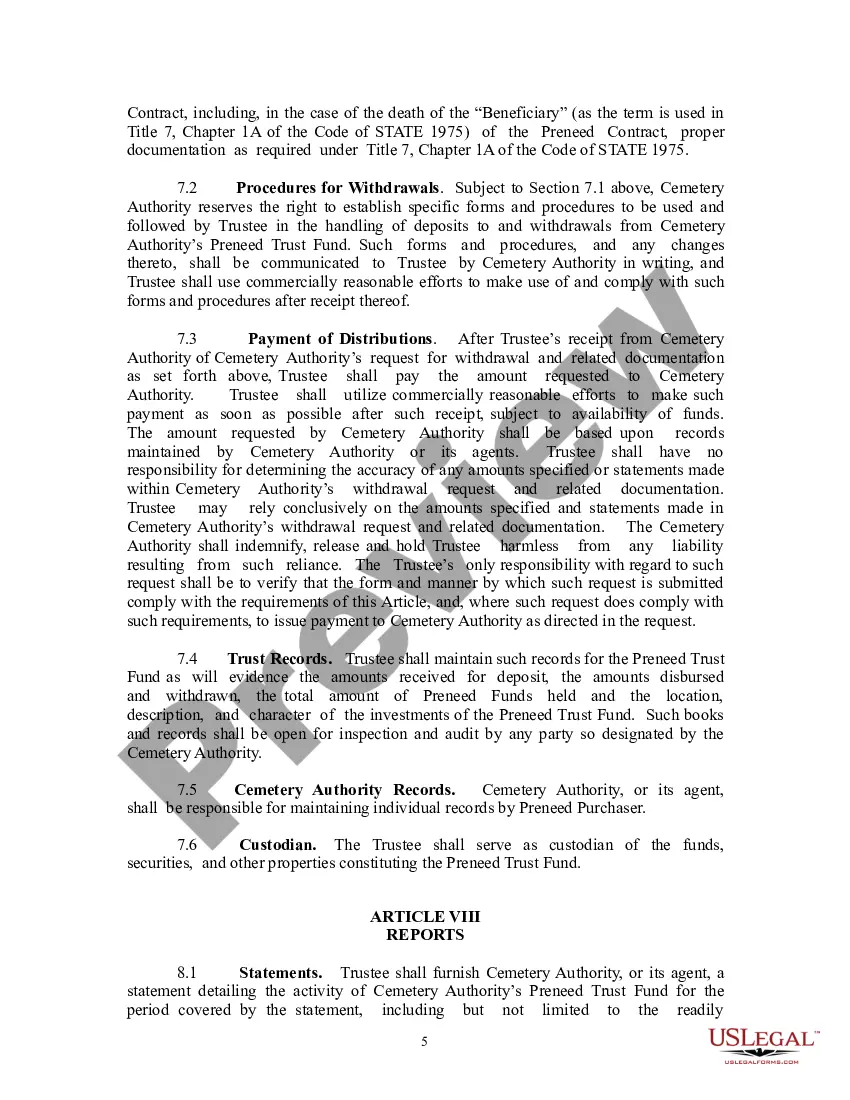 Get Preneed Cemetery Merchandise and Services Trust Agreement Preview Preneed Cemetery Merchandise and Services Trust Agreement