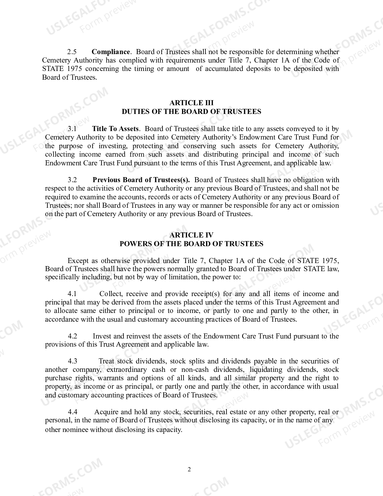 Preneed Endowment Care Cemetery Trust Agreement Board of Trustees