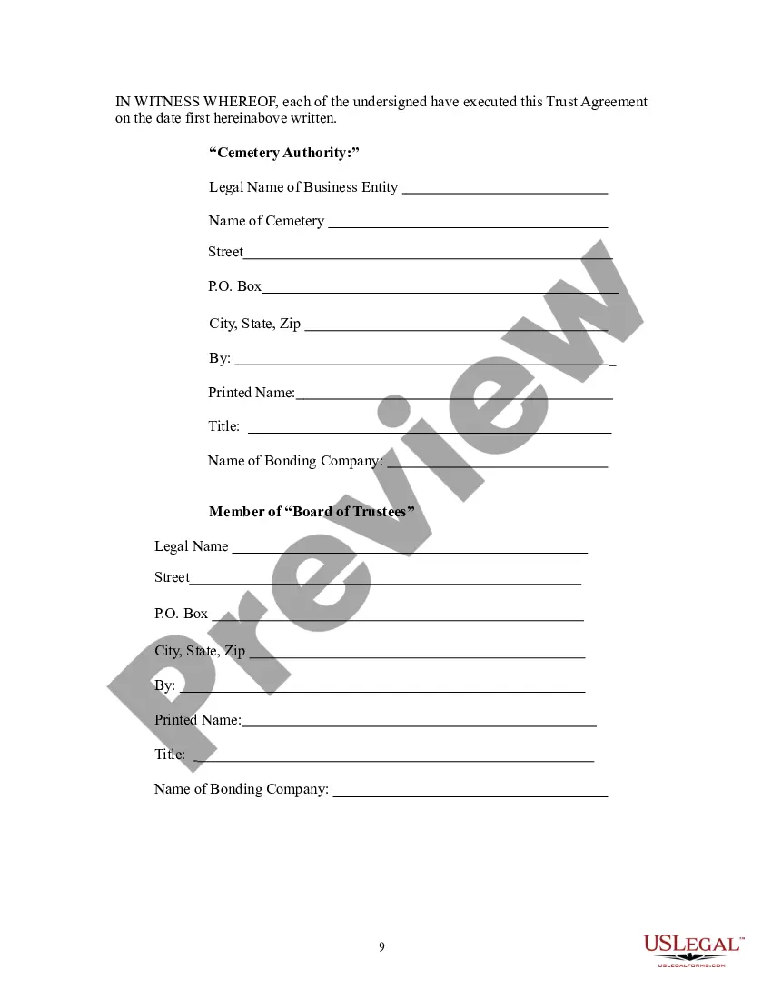 Preview Preneed Endowment Care Cemetery Trust Agreement - Board of Trustees
