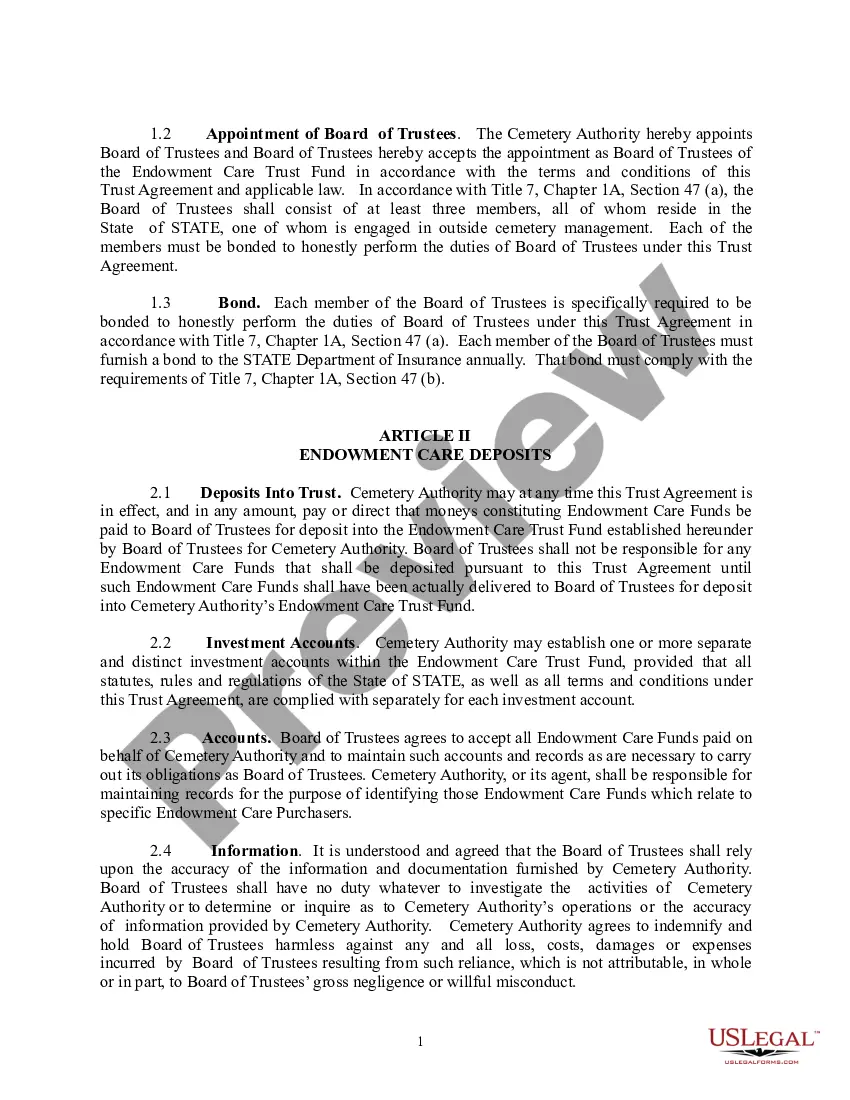 Preview Preneed Endowment Care Cemetery Trust Agreement - Board of Trustees