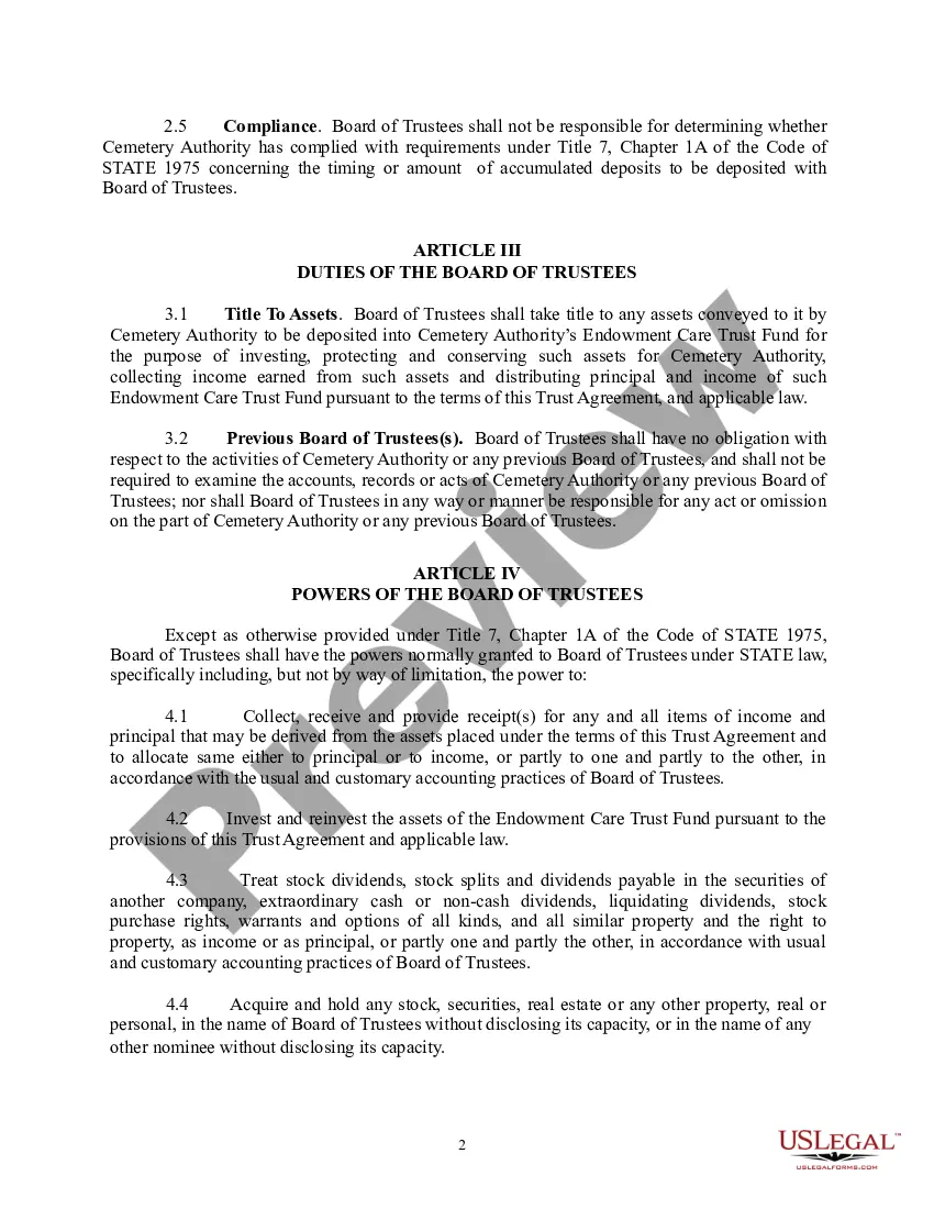 Preview Preneed Endowment Care Cemetery Trust Agreement - Board of Trustees