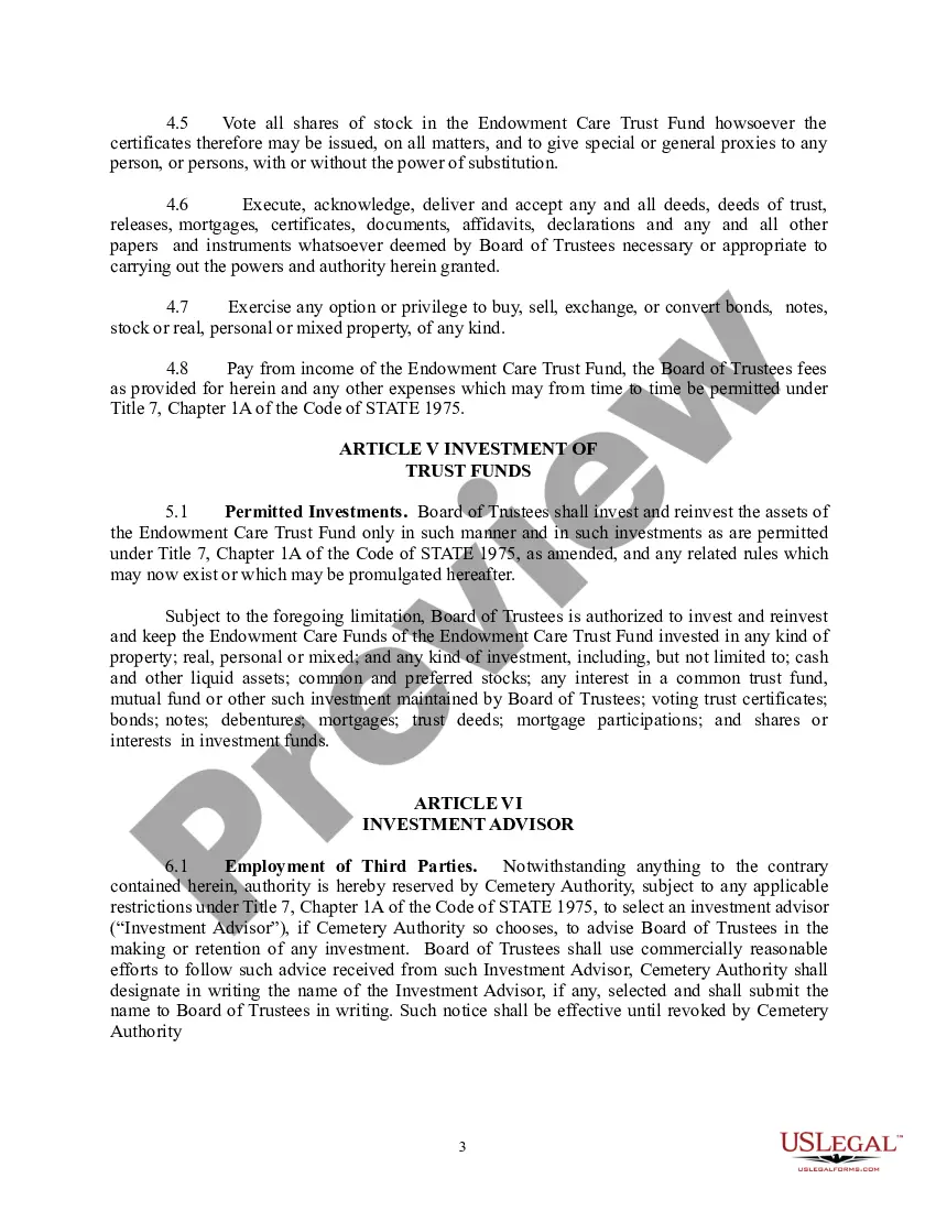 Preview Preneed Endowment Care Cemetery Trust Agreement - Board of Trustees