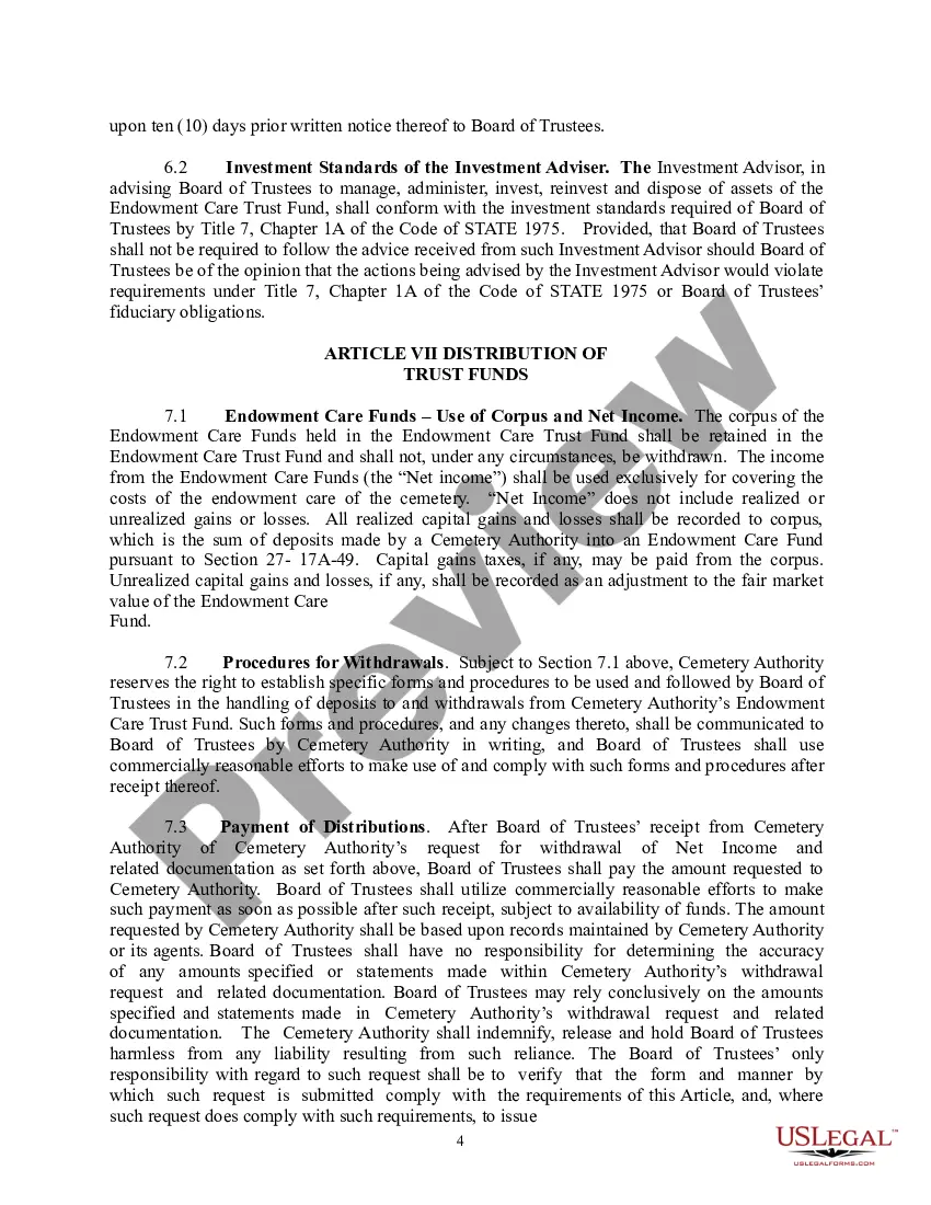 Preview Preneed Endowment Care Cemetery Trust Agreement - Board of Trustees