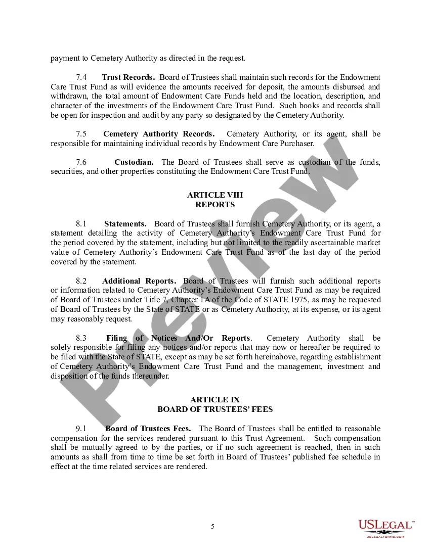 Preview Preneed Endowment Care Cemetery Trust Agreement - Board of Trustees