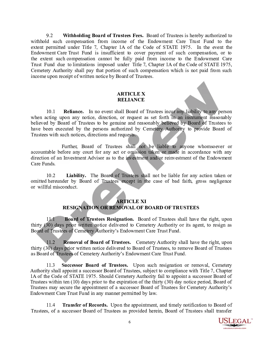 Preview Preneed Endowment Care Cemetery Trust Agreement - Board of Trustees