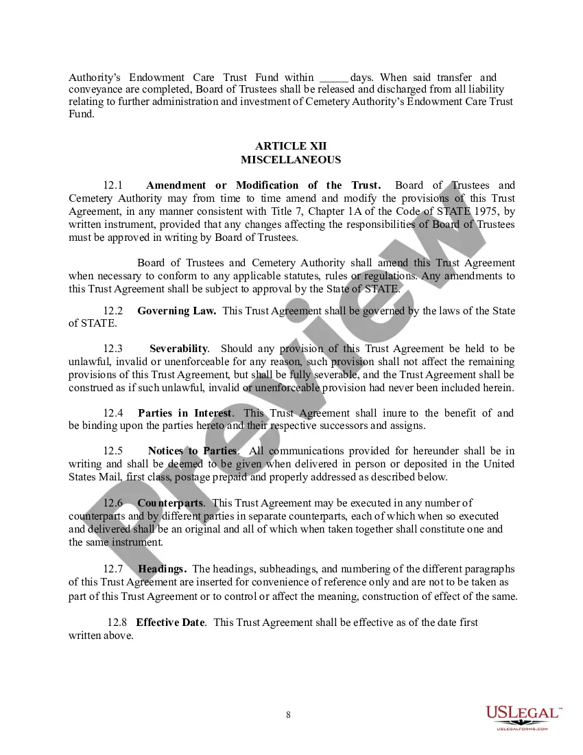 Preview Preneed Endowment Care Cemetery Trust Agreement - Board of Trustees