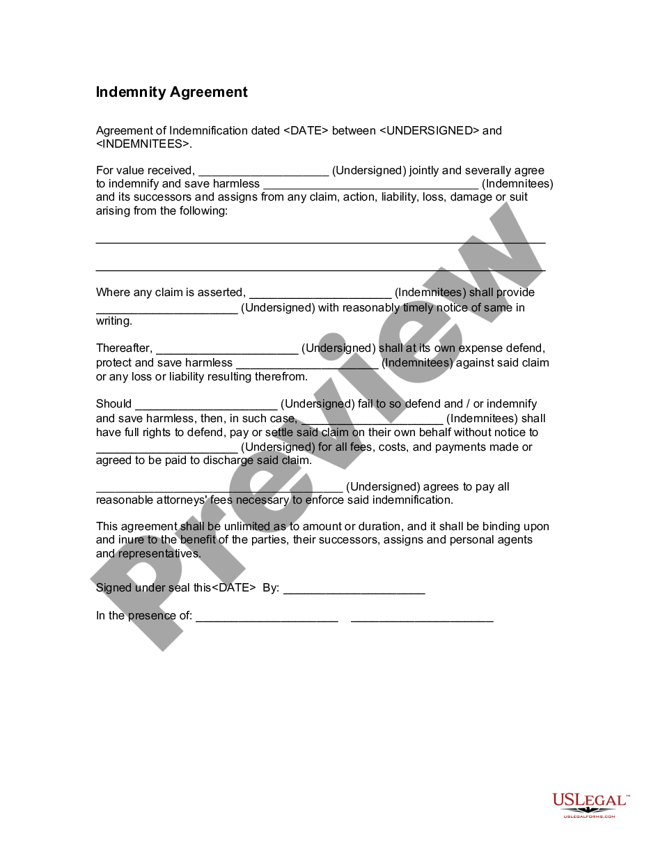 Indemnity Agreement Us Legal Forms 7534