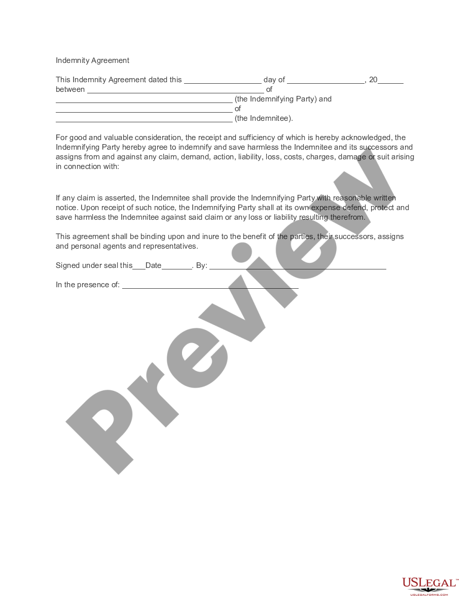 Basic Indemnity Agreement Us Legal Forms 9577