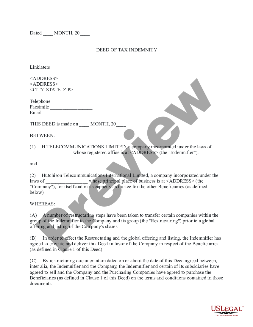 Deed of Tax Indemnity US Legal Forms