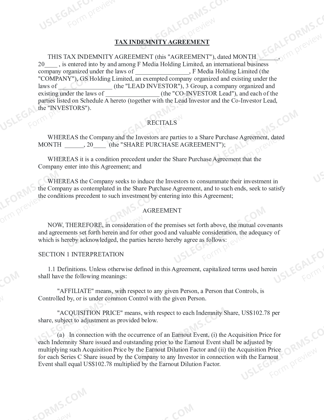 Tax Indemnity Agreement Tax Indemnification Agreement US Legal Forms