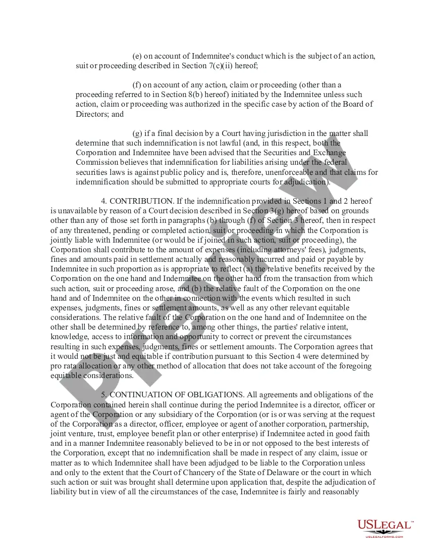 Preview Executive and Director Indemnity Agreement