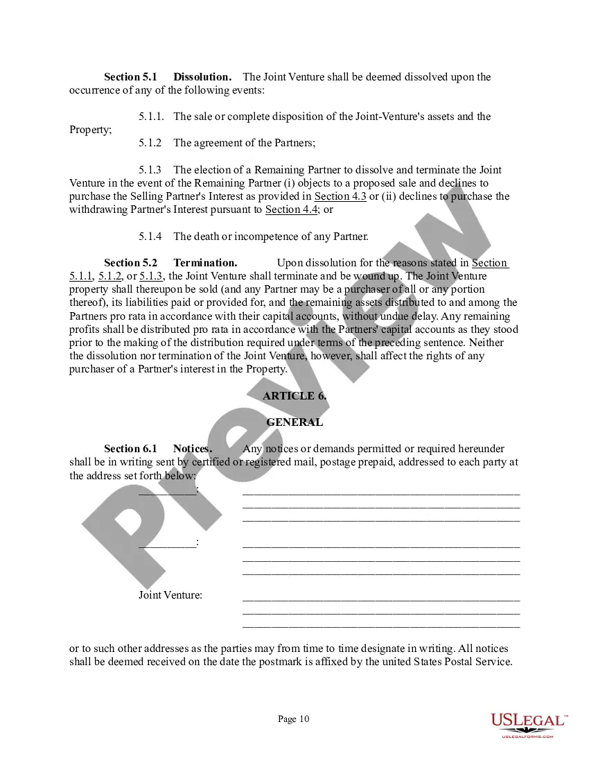 Preview Joint Venture Agreement - Joint Venture Agreements for Two Parties Owning Property as Tenants in Common
