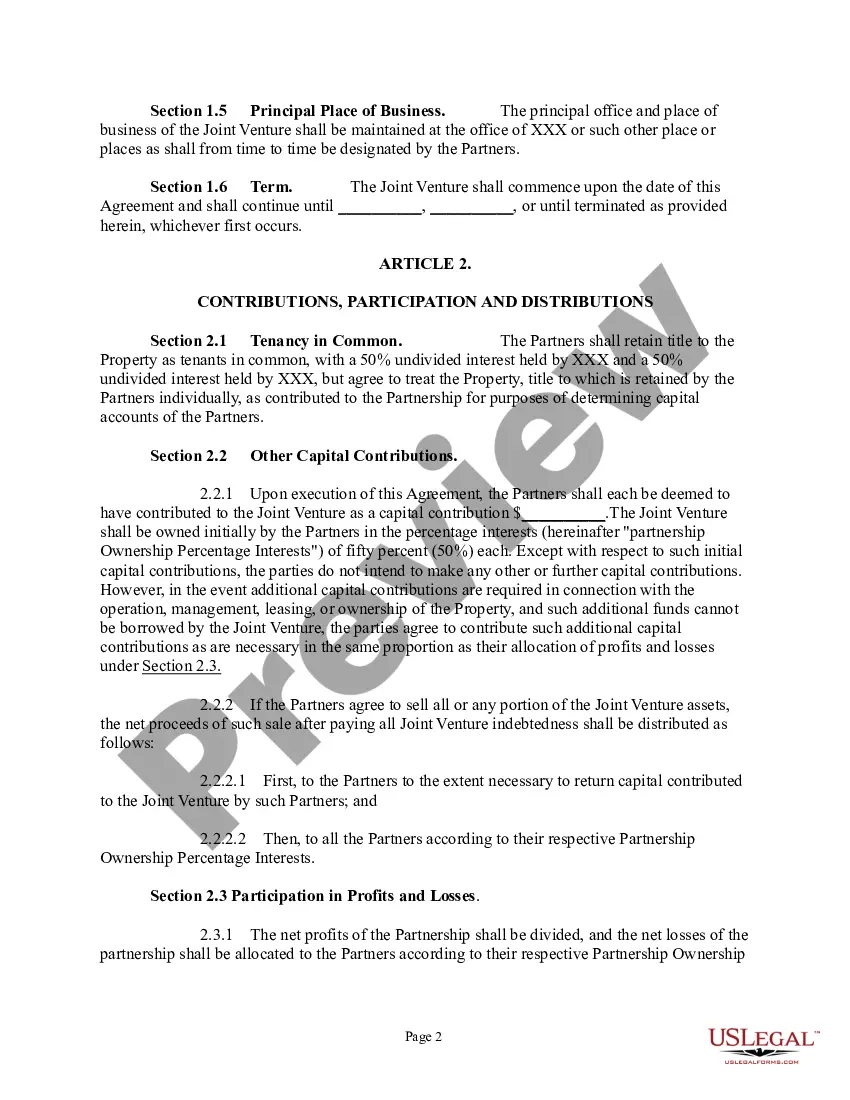 Preview Joint Venture Agreement - Joint Venture Agreements for Two Parties Owning Property as Tenants in Common