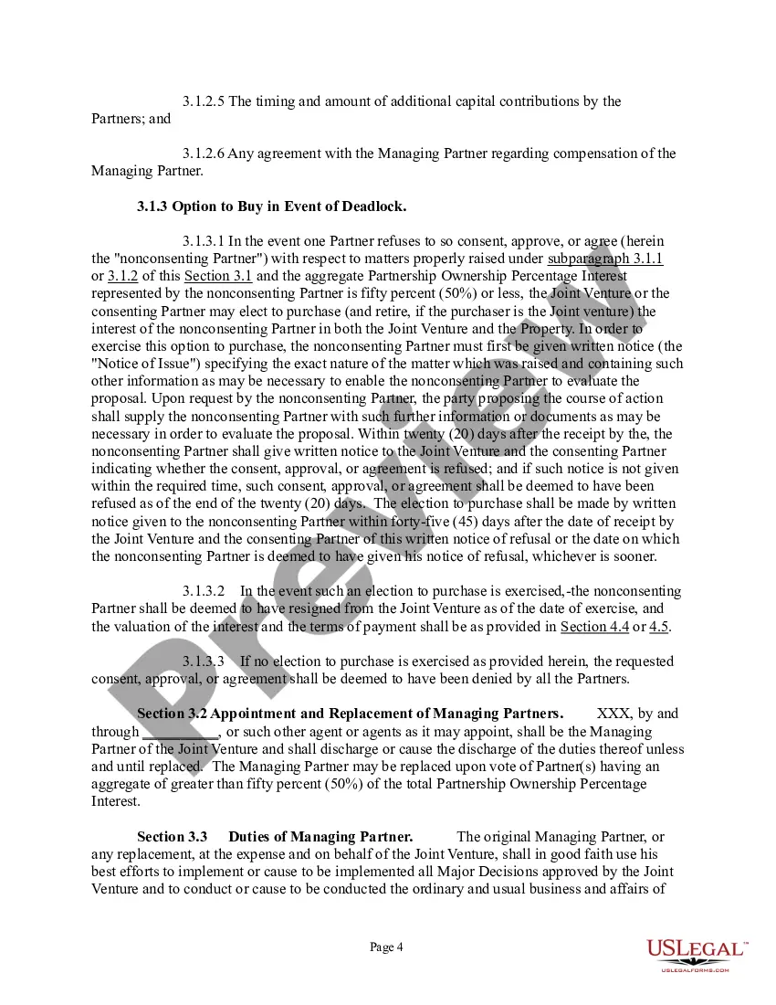 Preview Joint Venture Agreement - Joint Venture Agreements for Two Parties Owning Property as Tenants in Common