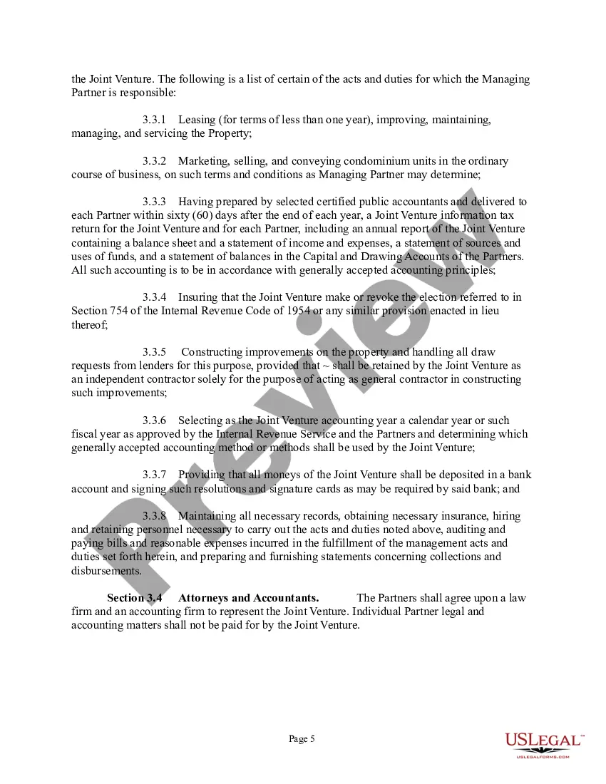 Preview Joint Venture Agreement - Joint Venture Agreements for Two Parties Owning Property as Tenants in Common