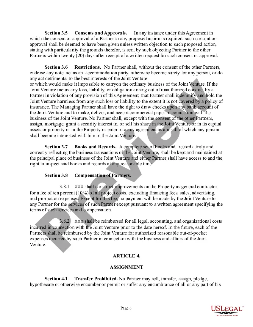 Preview Joint Venture Agreement - Joint Venture Agreements for Two Parties Owning Property as Tenants in Common