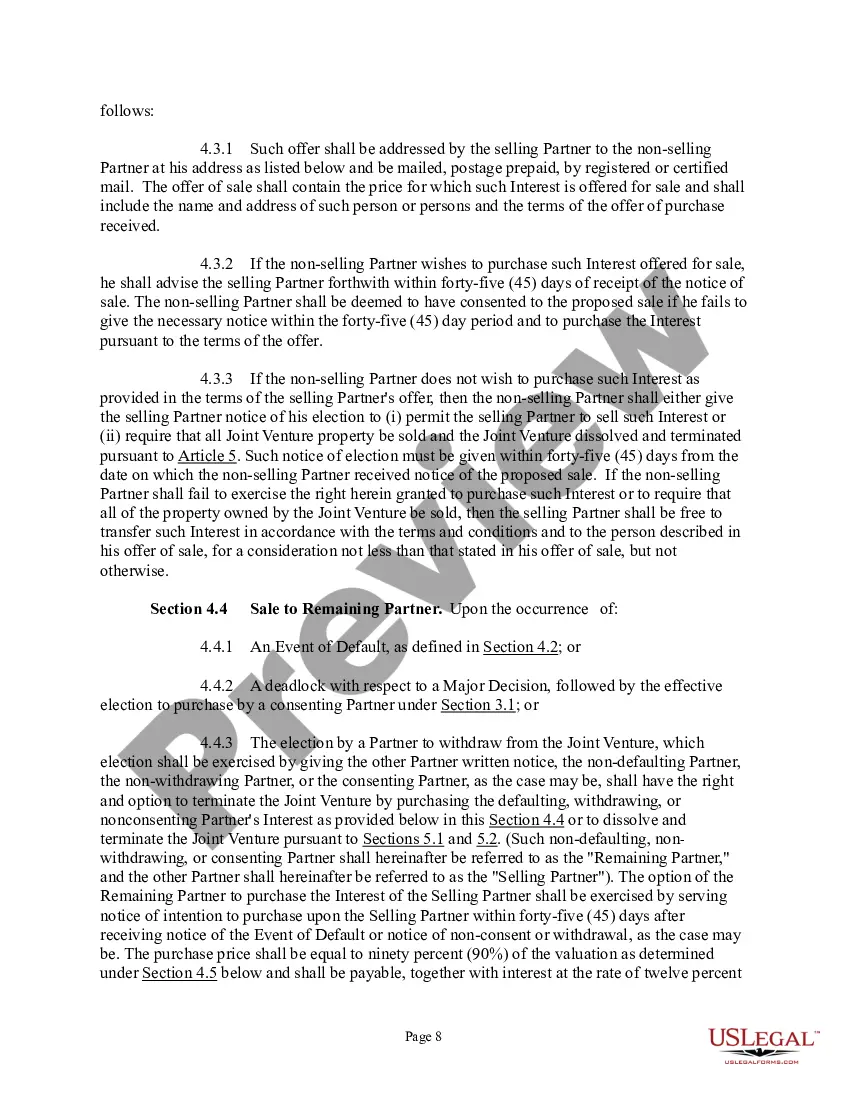 Preview Joint Venture Agreement - Joint Venture Agreements for Two Parties Owning Property as Tenants in Common