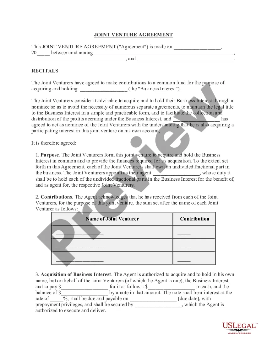 Preview Joint Venture Agreement - regarding Business Interest