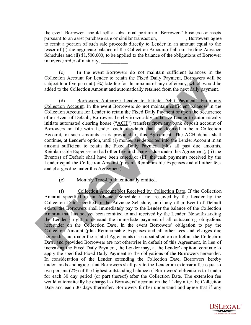 Preview Credit Card Receivables Advance Agreement