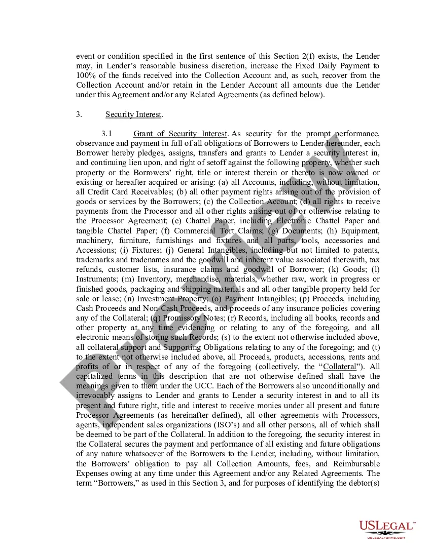 Preview Credit Card Receivables Advance Agreement