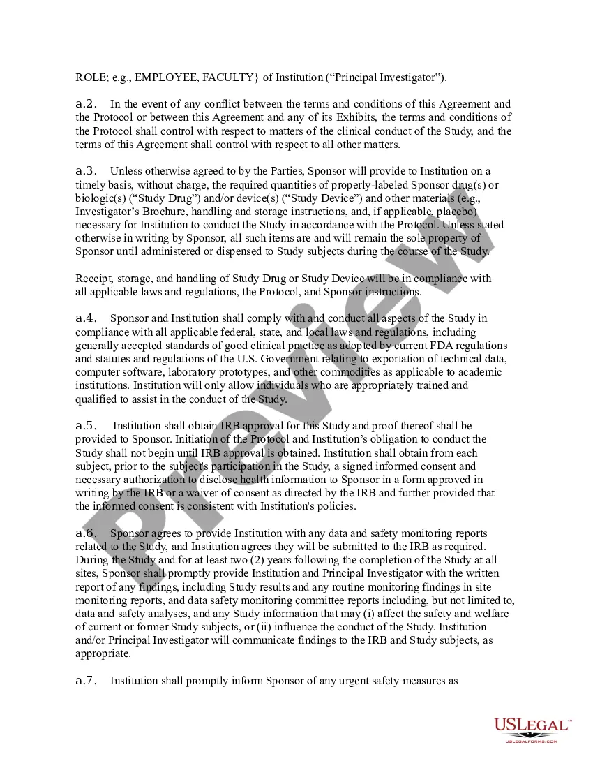 Preview Accelerated Clinical Trial Agreement between Institution and Sponsor