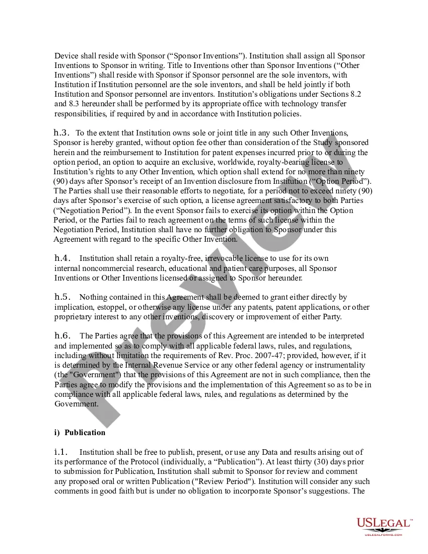 Preview Accelerated Clinical Trial Agreement between Institution and Sponsor