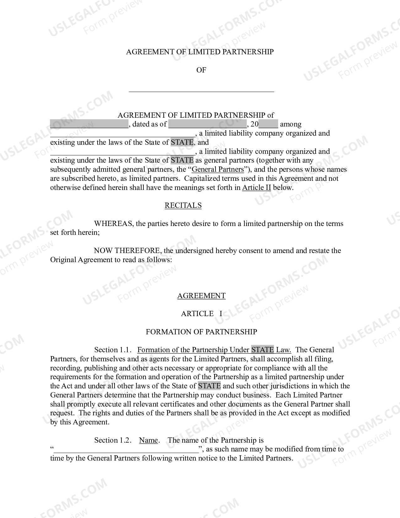 Agreement of Limited Partnership US Legal Forms