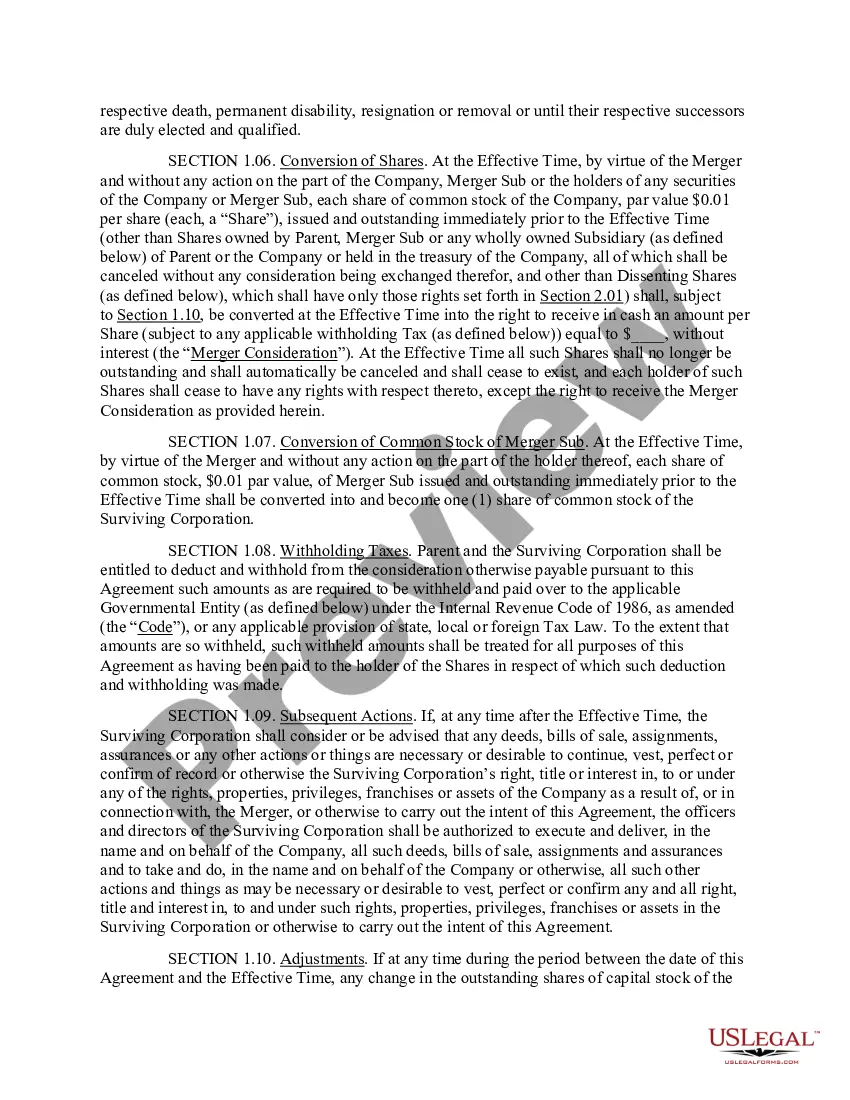 Preview Agreement and Plan of Merger by and among Parent Company, Merger Sub and Company