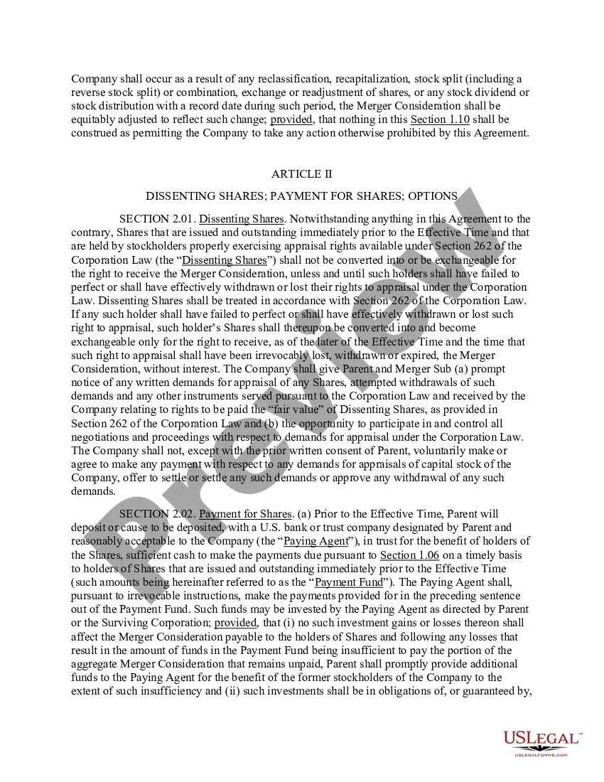 Preview Agreement and Plan of Merger by and among Parent Company, Merger Sub and Company