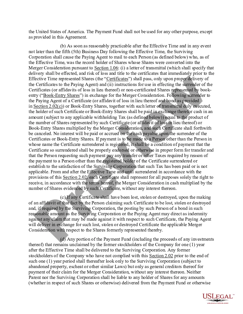 Preview Agreement and Plan of Merger by and among Parent Company, Merger Sub and Company