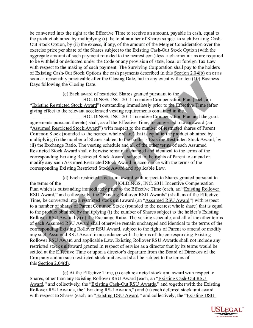 Preview Agreement and Plan of Merger by and among Parent Company, Merger Sub and Company