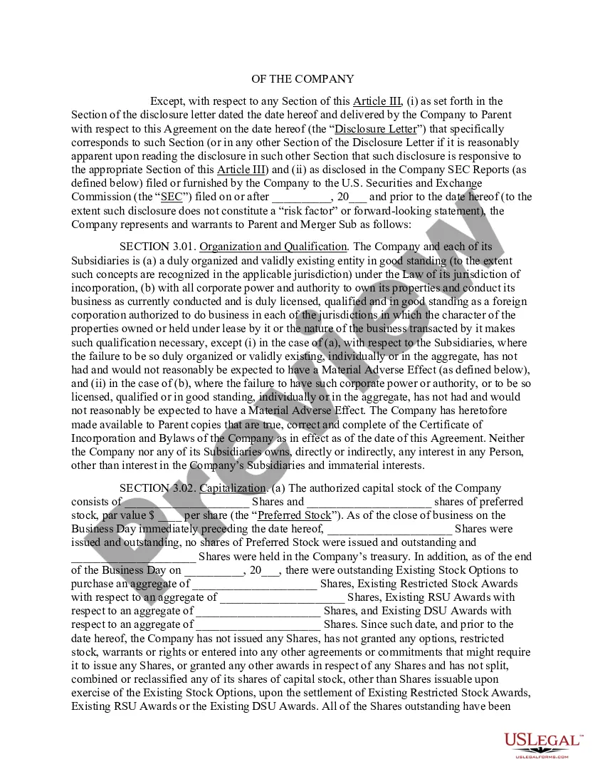 Preview Agreement and Plan of Merger by and among Parent Company, Merger Sub and Company