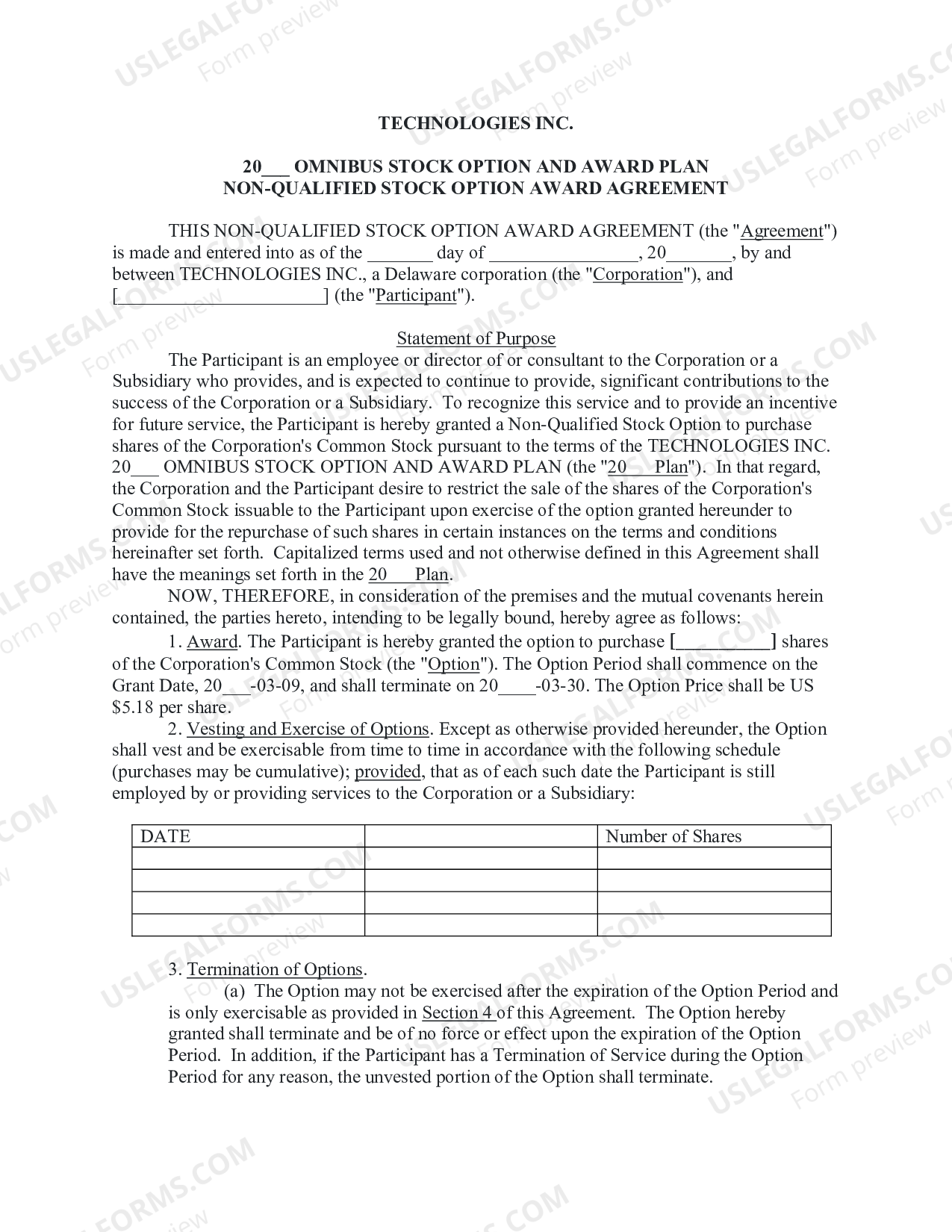 Non-Qualified Stock Option Award Agreement | US Legal Forms