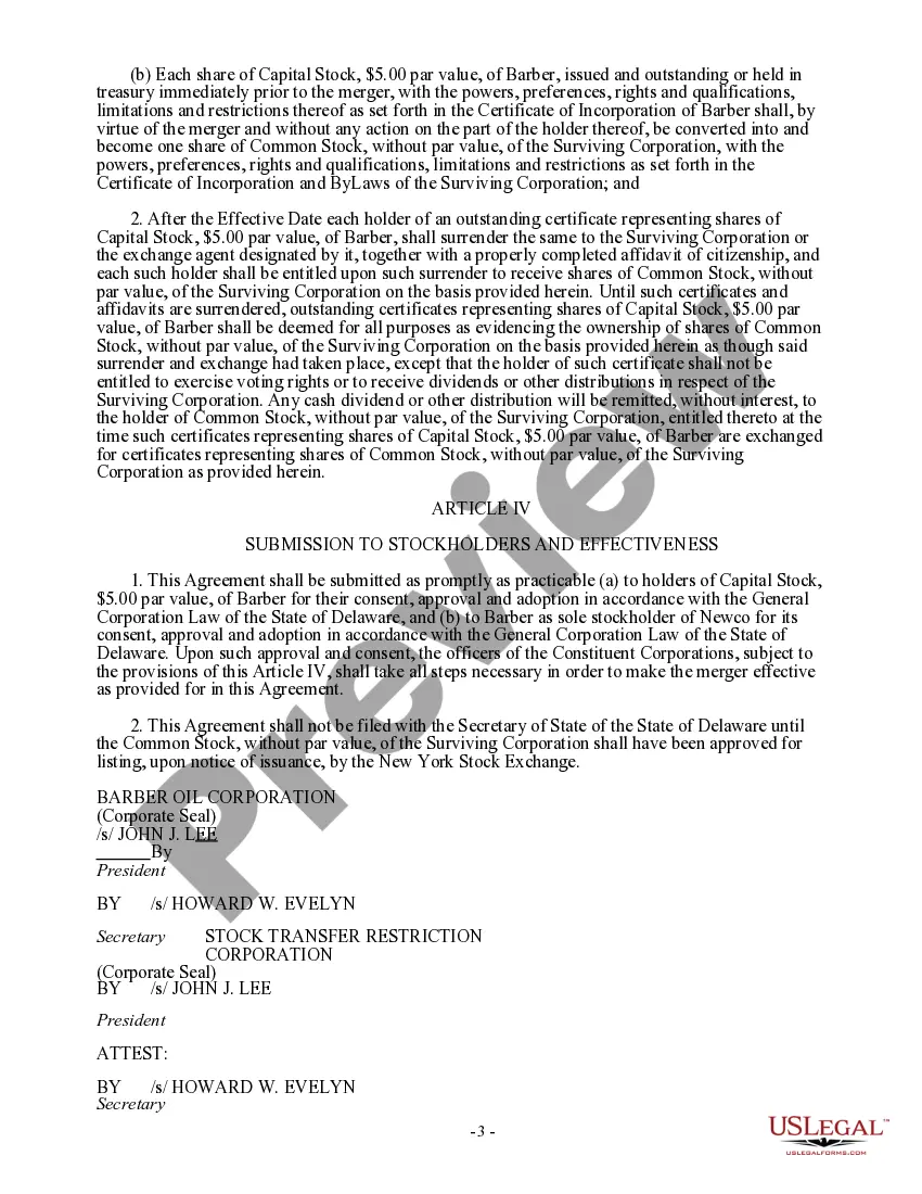 Get Agreement of Merger between Barber Oil Corporation and Stock Transfer Restriction Corporation Preview Agreement of Merger between Barber Oil Corporation and Stock Transfer Restriction Corporation