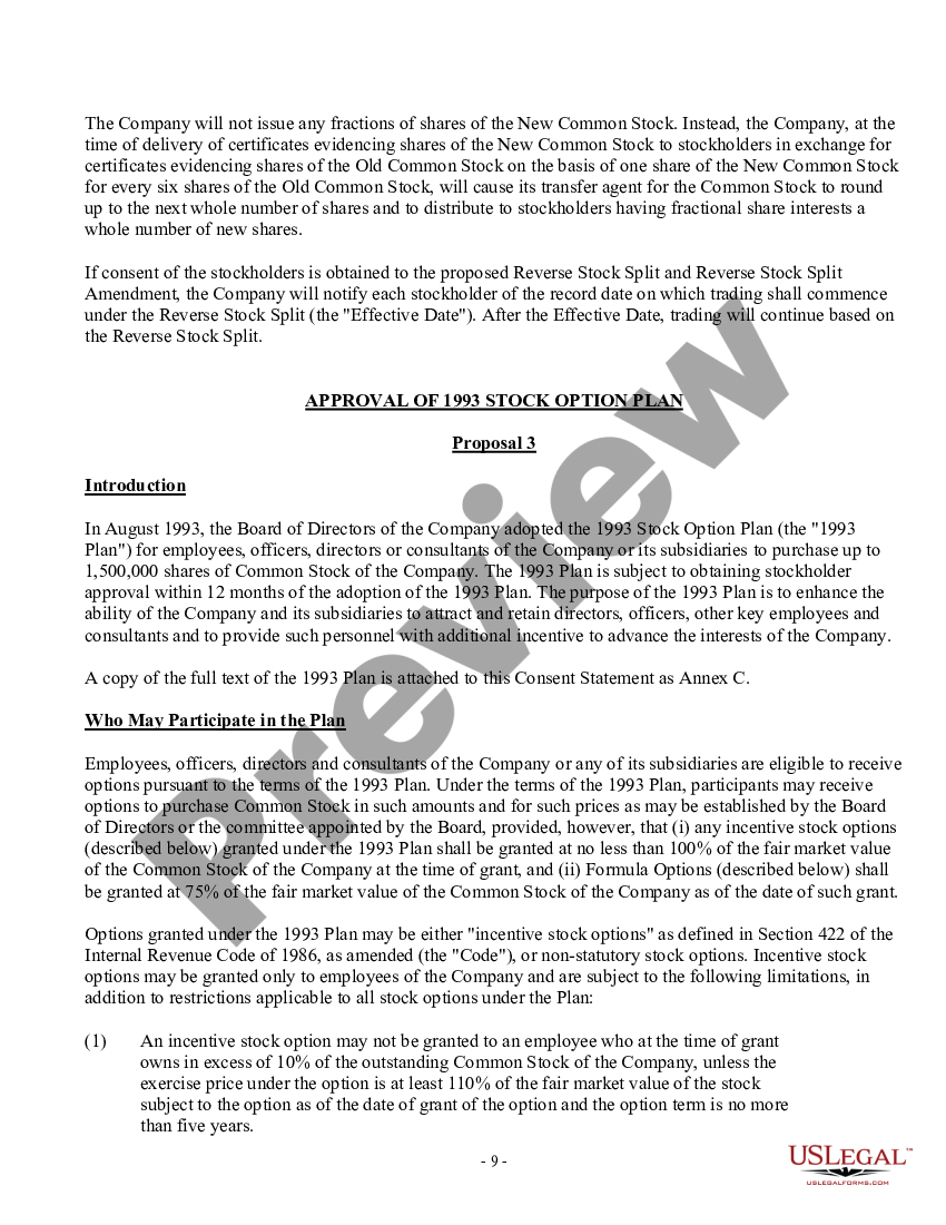 Riverside California Consent Statement for Consent of Stockholders in ...