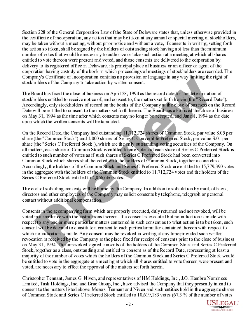 Get Consent Statement for Consent of Stockholders in Lieu of Special Meetings Preview Consent Statement for Consent of Stockholders in Lieu of Special Meetings