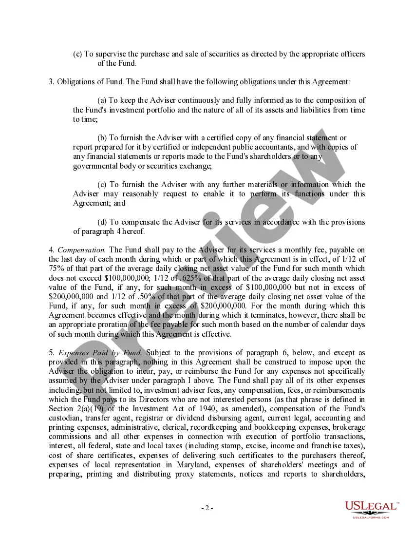 Preview Investment Advisory Agreement of Equity Strategies Fund, Inc. and EQSF Advisors, Inc.