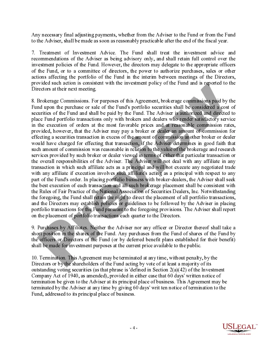 Preview Investment Advisory Agreement of Equity Strategies Fund, Inc. and EQSF Advisors, Inc.