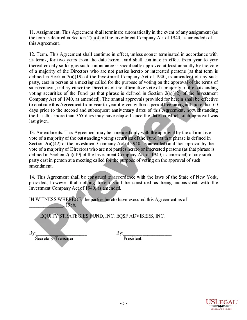 Preview Investment Advisory Agreement of Equity Strategies Fund, Inc. and EQSF Advisors, Inc.