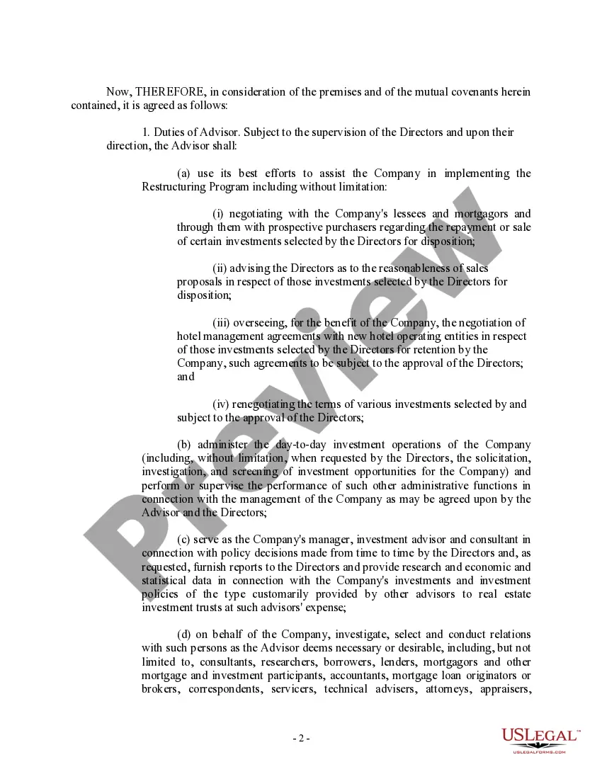 Preview Advisory Agreement between Real Estate Investment Trust and corporation