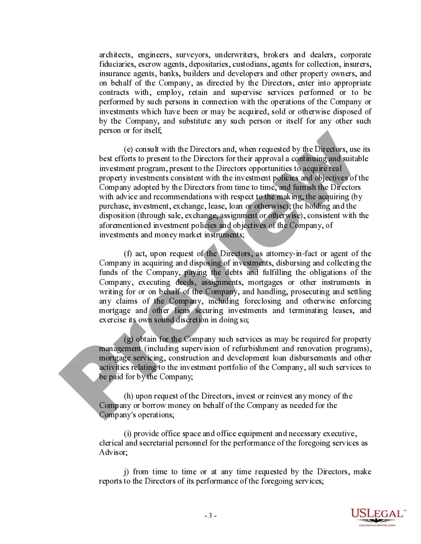 Preview Advisory Agreement between Real Estate Investment Trust and corporation