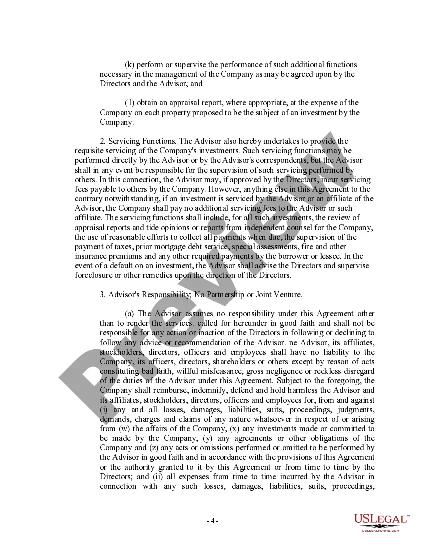 Preview Advisory Agreement between Real Estate Investment Trust and corporation