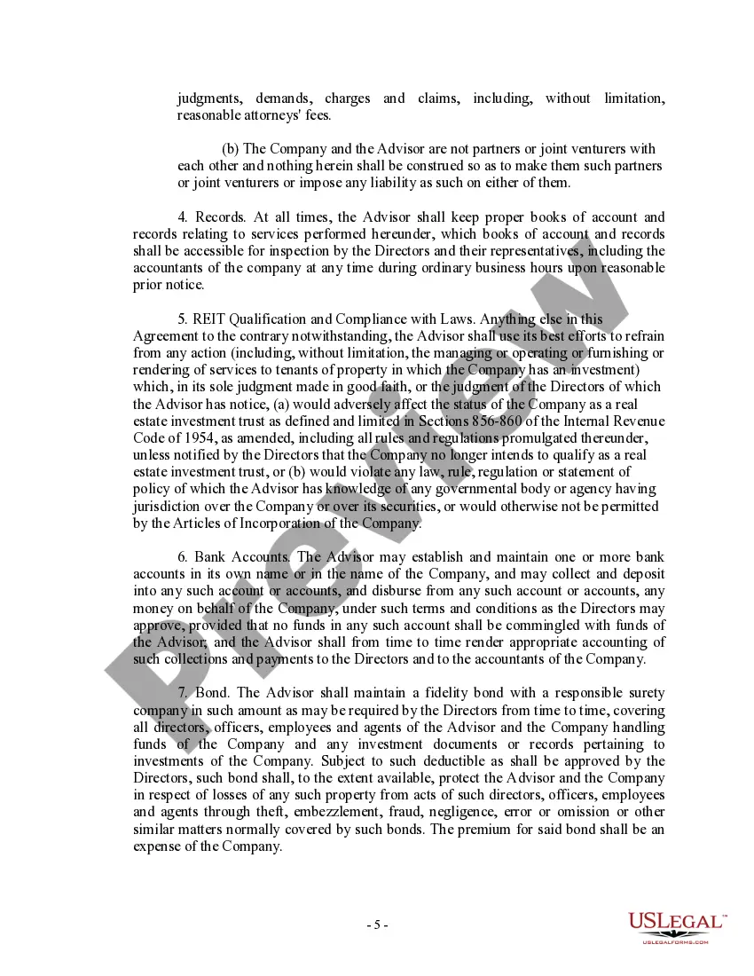 Preview Advisory Agreement between Real Estate Investment Trust and corporation