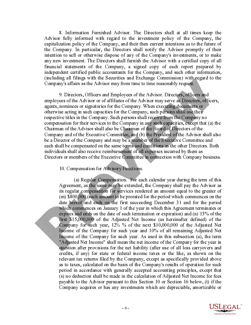 Preview Advisory Agreement between Real Estate Investment Trust and corporation