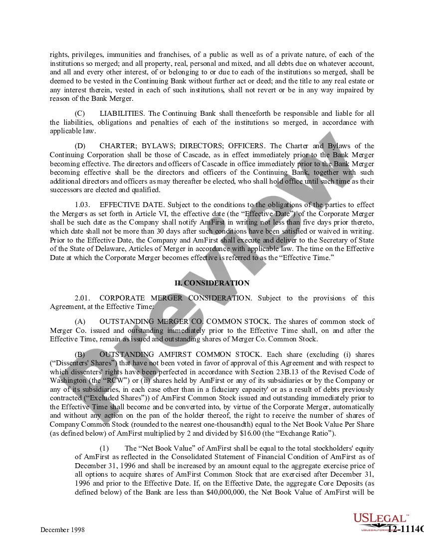 Get Agreement and Plan of Merger by Cascade Financial, Cascade Bank, Amfirst Bancorporation, and American First National Bank Preview Agreement and Plan of Merger by Cascade Financial, Cascade Bank, Amfirst Bancorporation, and American First National Bank