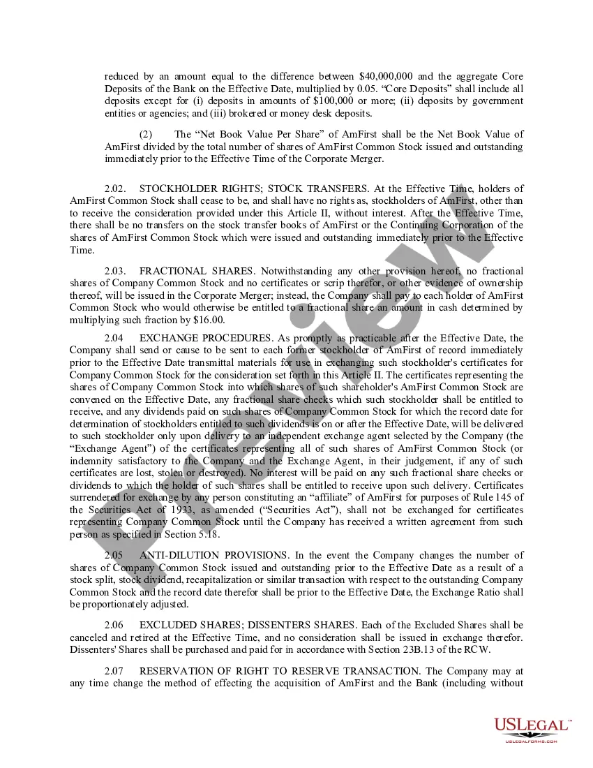 Get Agreement and Plan of Merger by Cascade Financial, Cascade Bank, Amfirst Bancorporation, and American First National Bank Preview Agreement and Plan of Merger by Cascade Financial, Cascade Bank, Amfirst Bancorporation, and American First National Bank