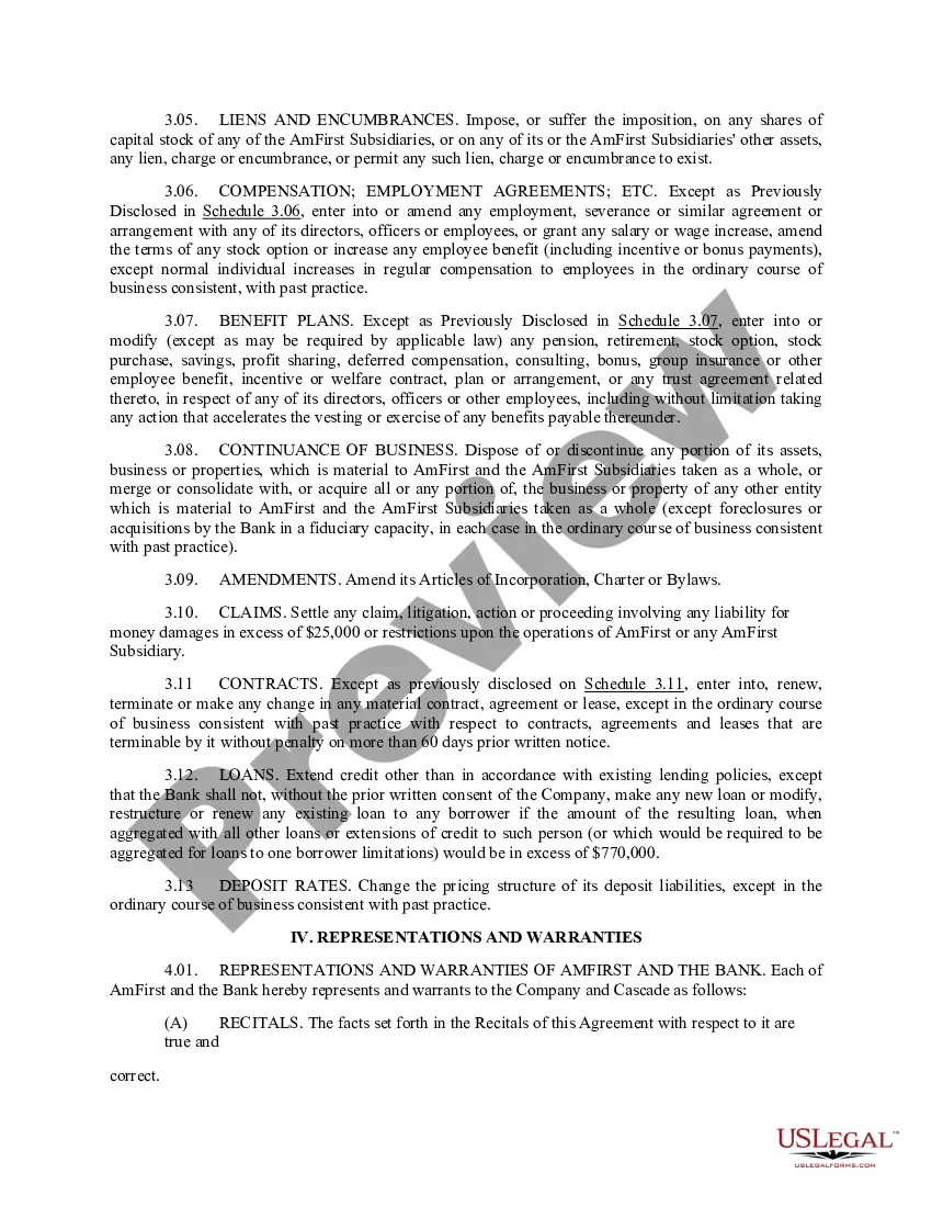 Get Agreement and Plan of Merger by Cascade Financial, Cascade Bank, Amfirst Bancorporation, and American First National Bank Preview Agreement and Plan of Merger by Cascade Financial, Cascade Bank, Amfirst Bancorporation, and American First National Bank